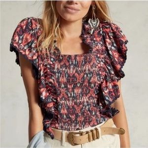 NWT Anthropologie Let Me Be Smocked Ruffle Abstract Ikat Print Blouse XS